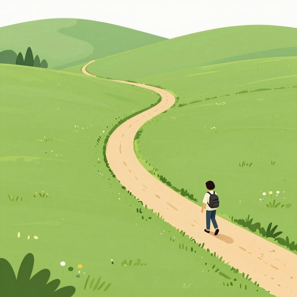A traveler walking along a winding path through a vast green meadow under a blue sky.