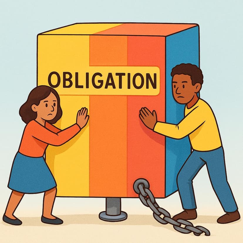 Eine Bilderbuchillustration, die einen entschlossen blickenden Mann und eine Frau zeigt, die dabei sind, einen massiven, bunten Block zu schieben, was eine notwendige Aufgabe oder Verpflichtung symbolisiert.