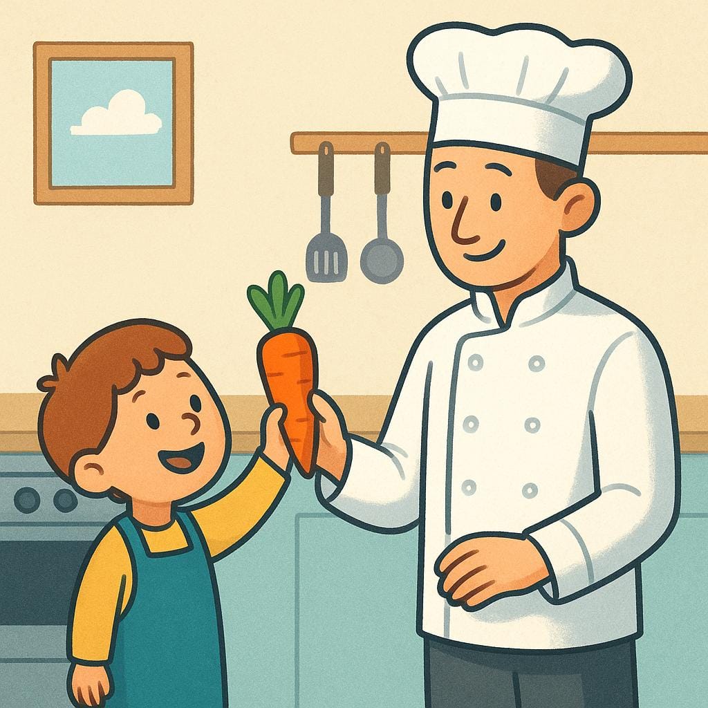 A storybook illustration showing a cheerful assistant in an apron handing a bright orange carrot to a taller chef in a brightly lit kitchen.