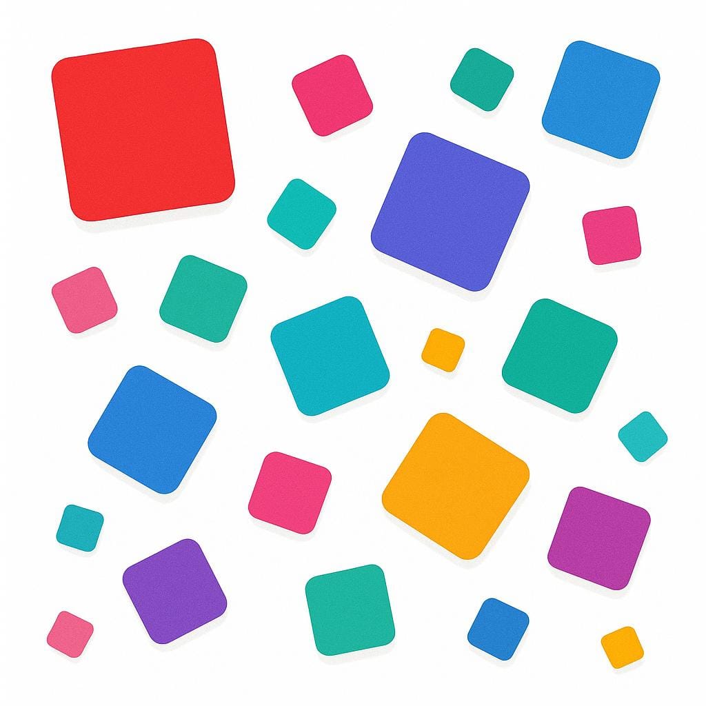An arrangement of various sizes of colorful, perfect square shapes scattered on a flat surface.
