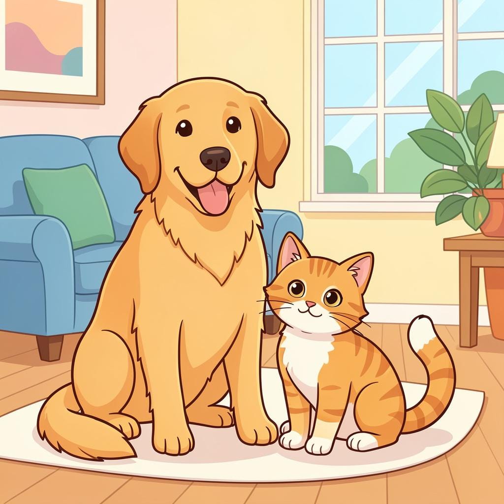 A friendly golden retriever dog and a small ginger cat sitting together on a soft blue rug in a cozy home.