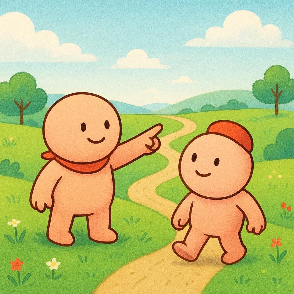 A high quality storybook illustration showing two small, friendly, round characters standing at the beginning of a winding dirt path. One character is pointing enthusiastically down the path, urging the other to proceed.