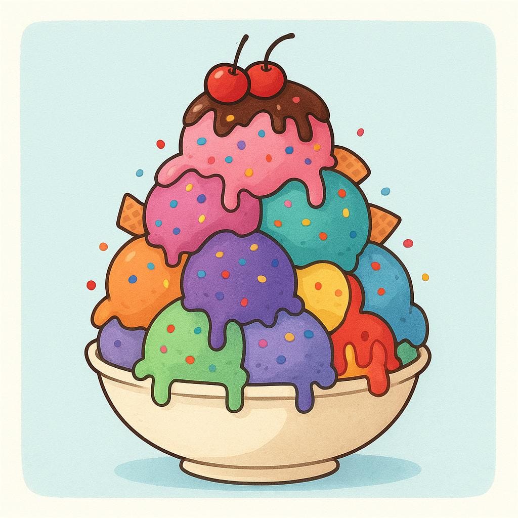 A high quality storybook illustration of a small bowl piled high with an excessively large, overflowing portion of colorful scoops of ice cream.