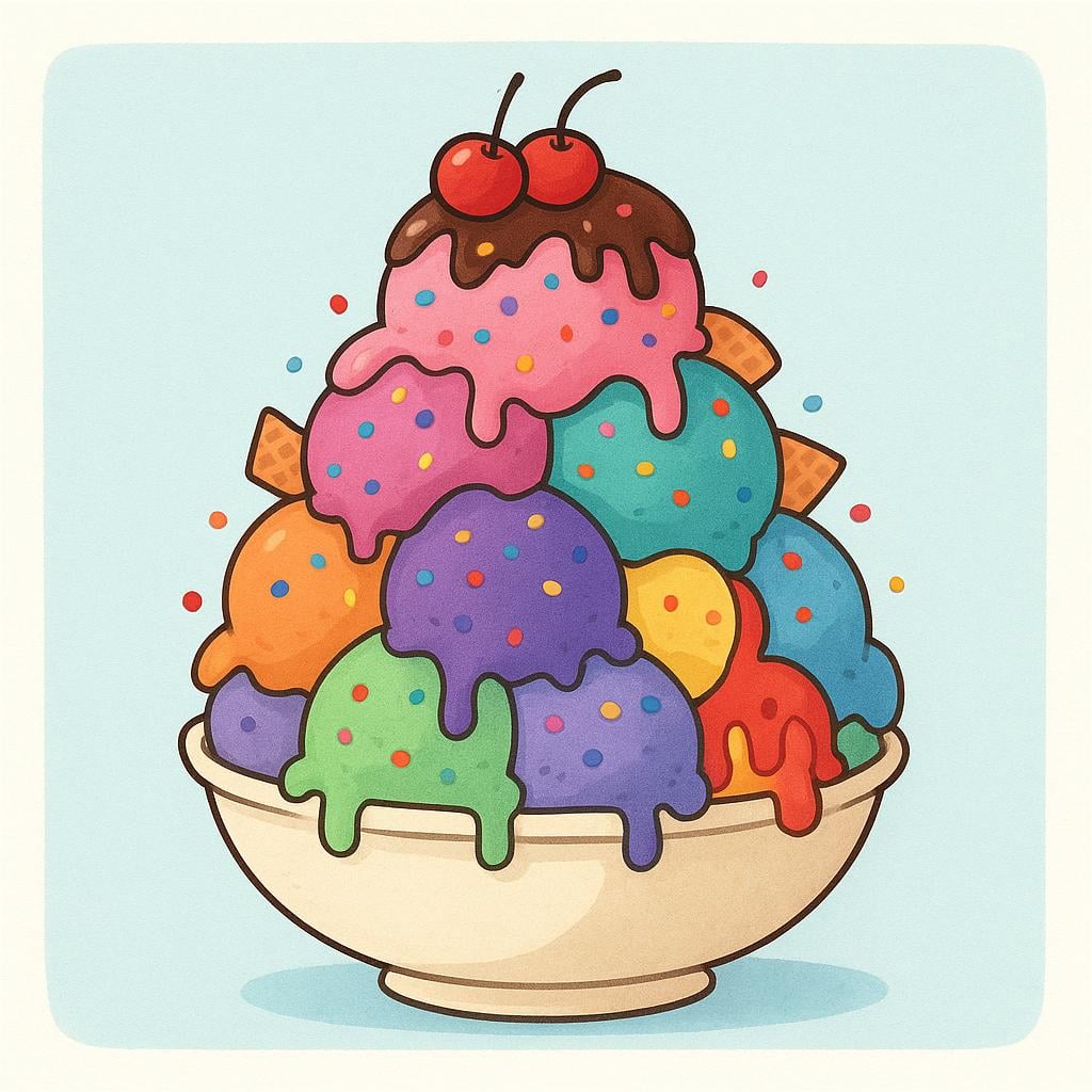 A high quality storybook illustration of a small bowl piled high with an excessively large, overflowing portion of colorful scoops of ice cream.