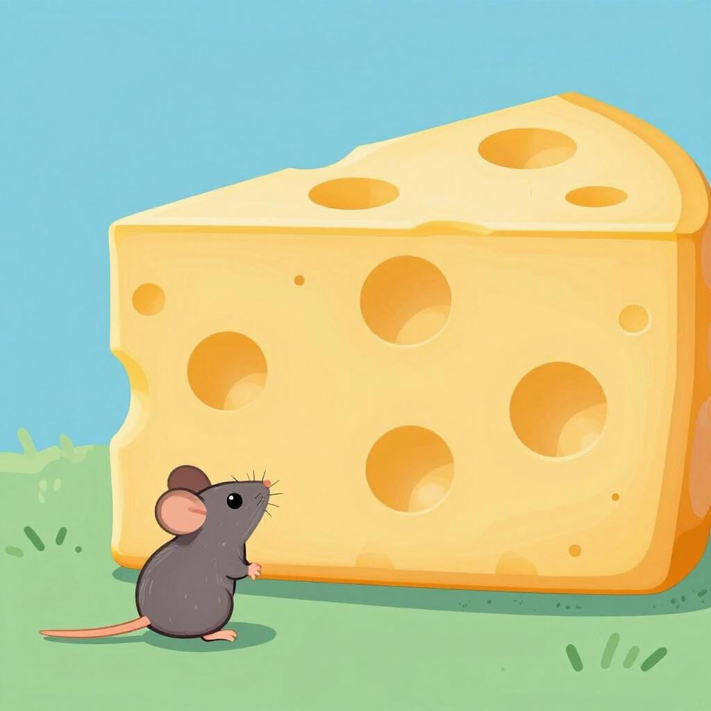 A tiny mouse standing next to an enormous, towering piece of cheese.