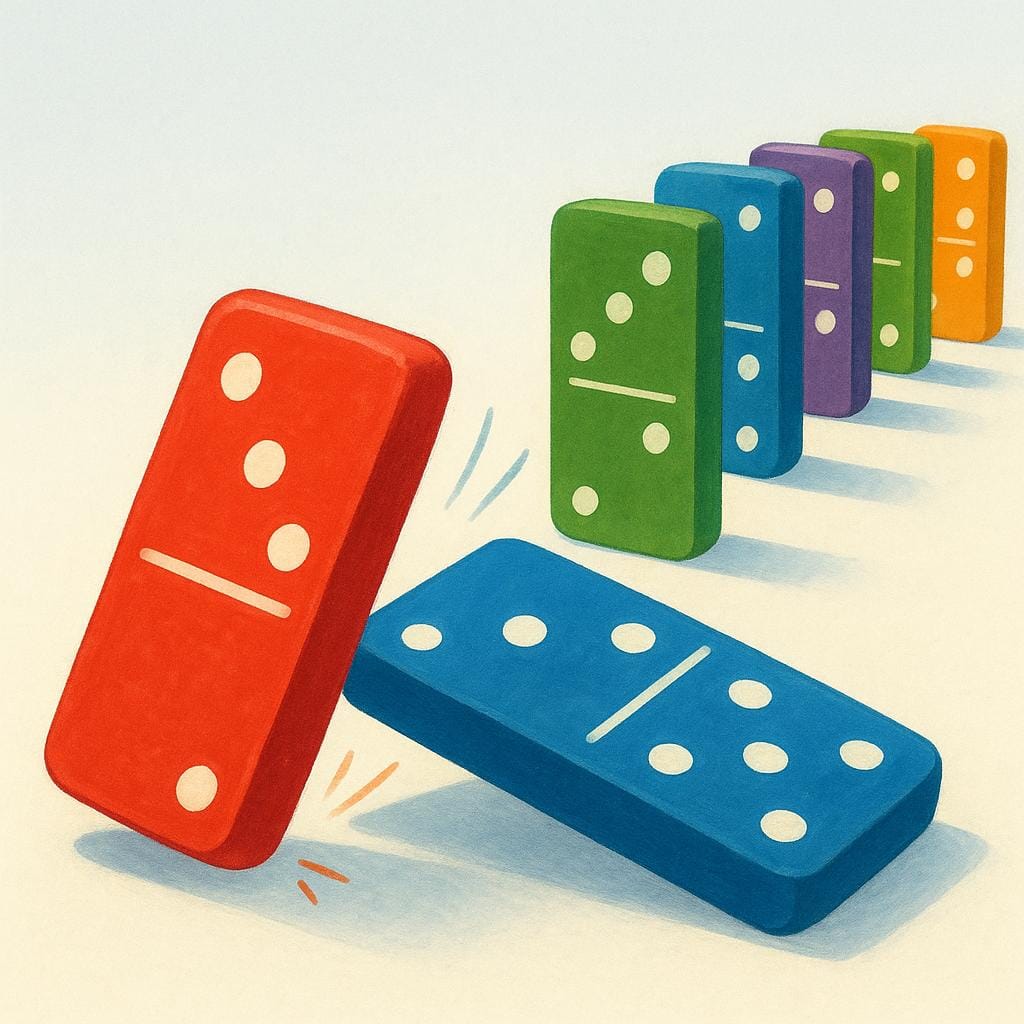 A simple illustration showing a red domino tipping over and making contact with a blue domino, symbolizing cause and effect or a chain reaction.
