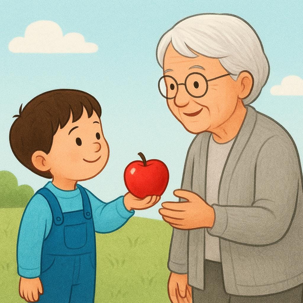 A colorful illustration of a small child offering a bright red apple to an elderly person who is smiling.