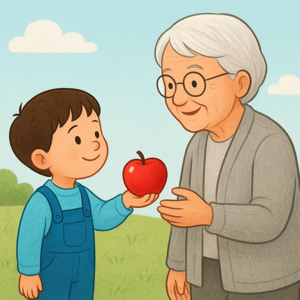 A colorful illustration of a small child offering a bright red apple to an elderly person who is smiling.