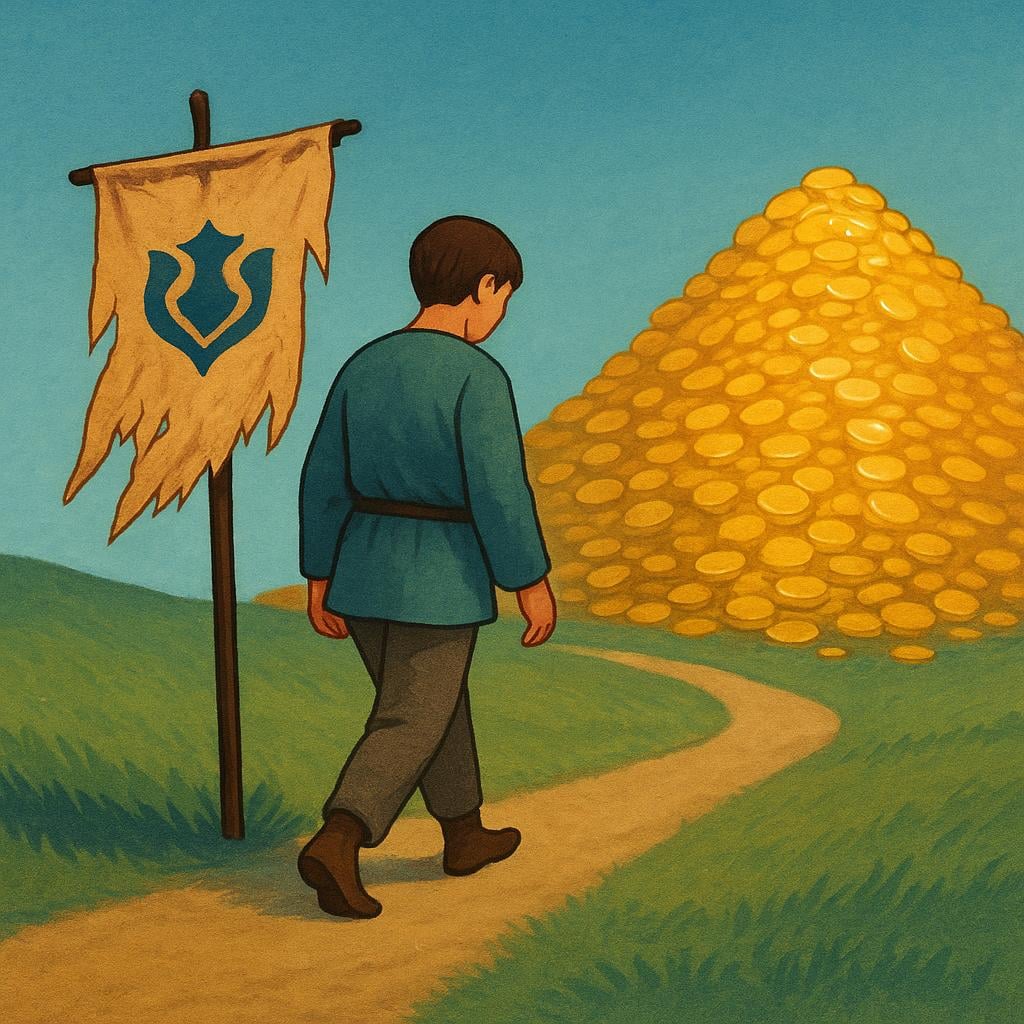 A figure abandoning a tattered banner that symbolizes their beliefs, walking instead towards a large pile of gold coins, representing selling out or betraying principles.