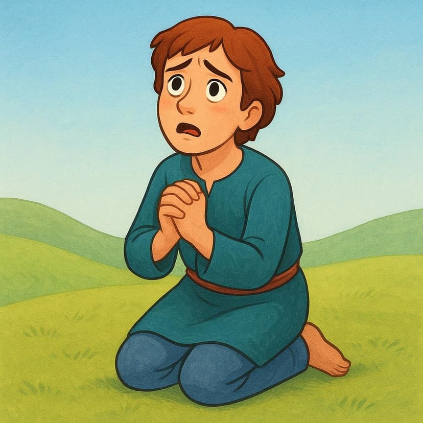 地面にひざまずき、両手を合わせて必死に懇願するようなポーズをとる一人の人物。