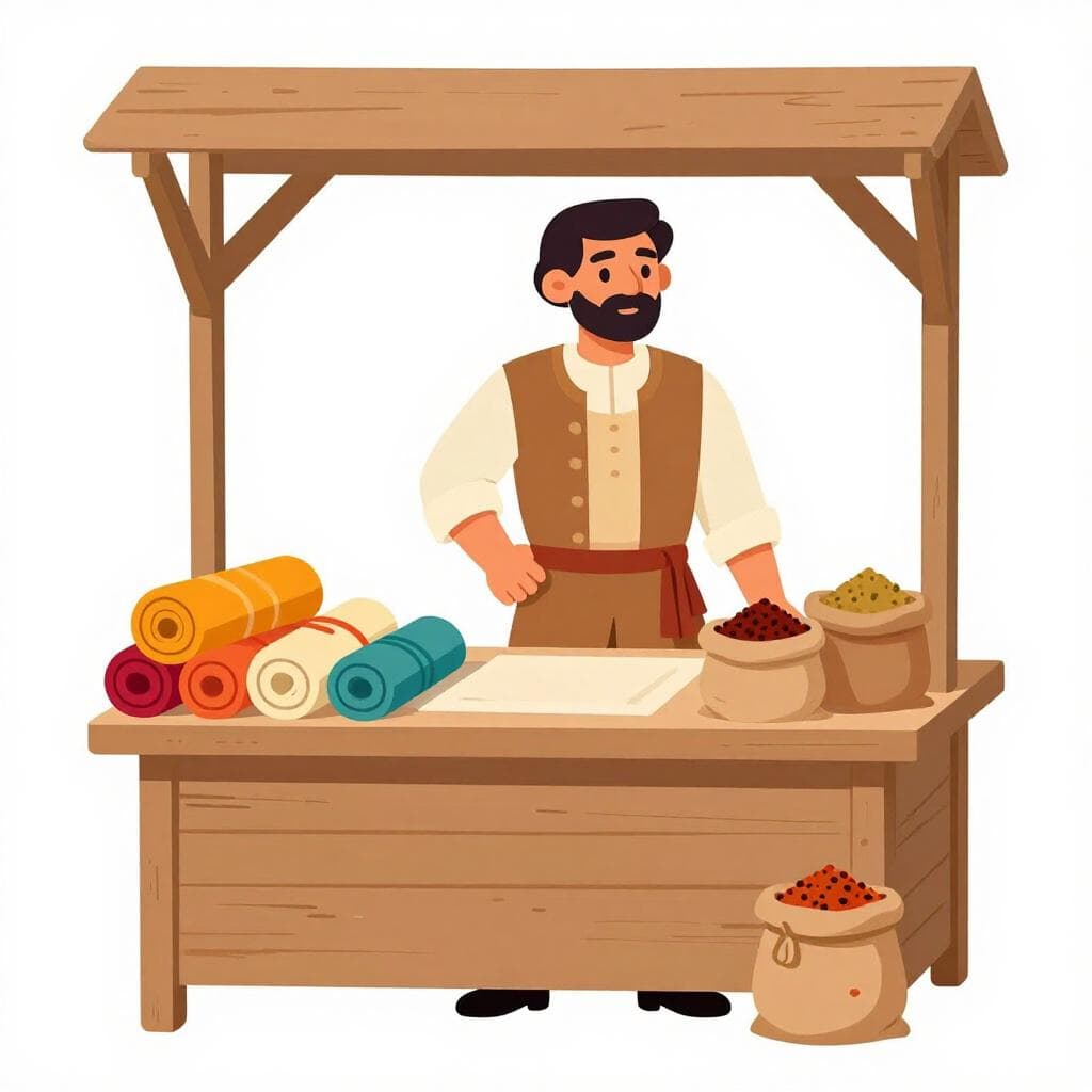 Um comerciante histórico amigável em pé atrás de uma banca de madeira cheia de tecidos coloridos e especiarias.