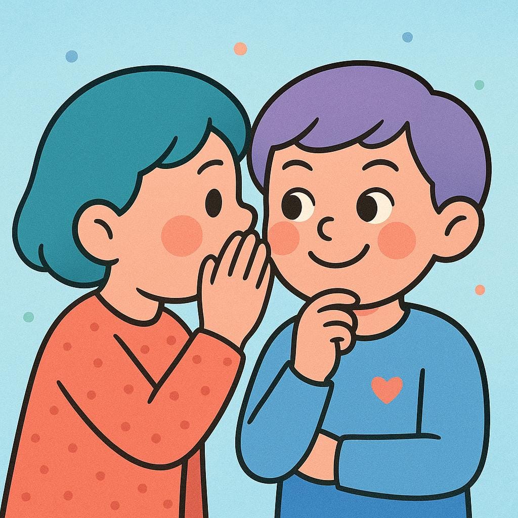 Uma figura simples de desenho animado se inclinando perto de outra figura, cobrindo a boca com a mão e sussurrando um segredo brincalhão enquanto a segunda figura sorri maliciosamente.