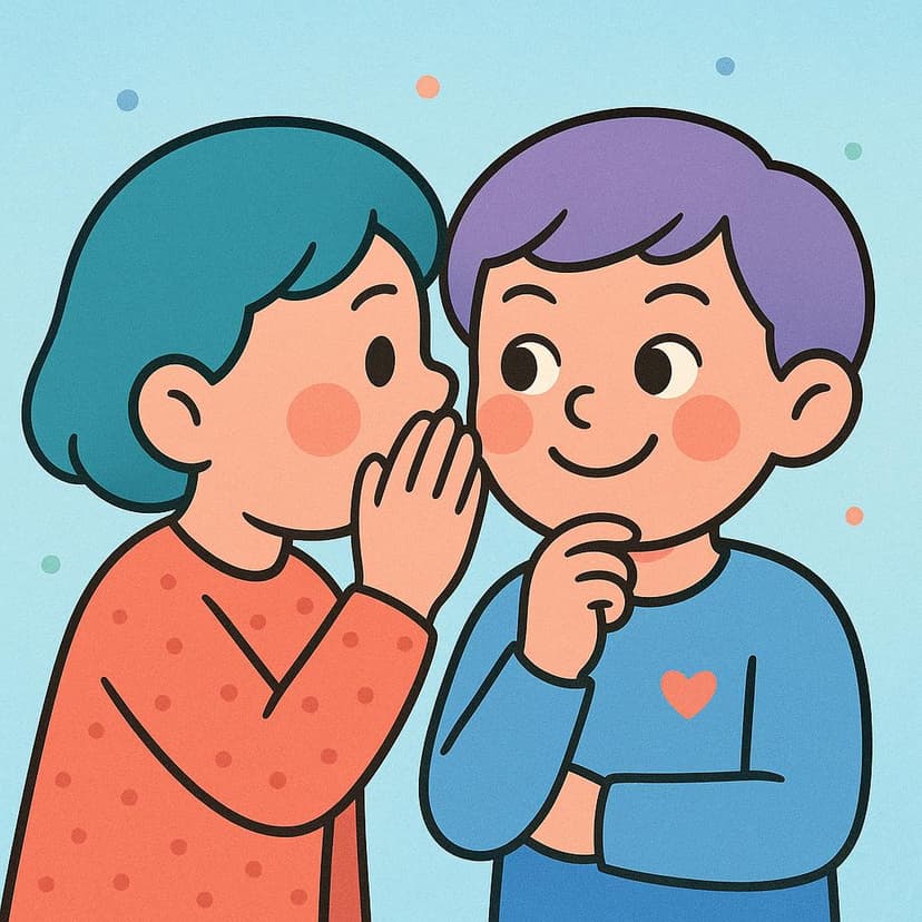 A simple cartoon figure leaning close to another figure, covering their mouth with their hand, and whispering a playful secret while the second figure smiles mischievously.
