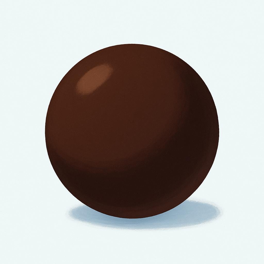 A single, perfectly round sphere painted in a solid, deep chocolate brown color against a light background.