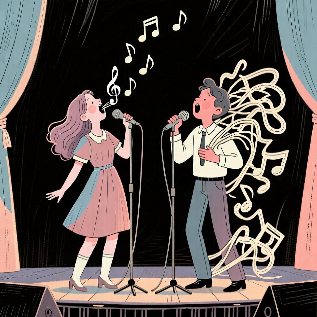 One person singing beautifully and another singing poorly, showing the difference in how an action is performed.