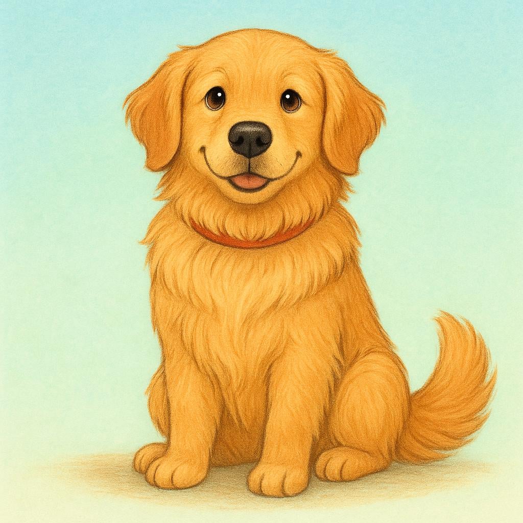 A friendly golden retriever dog sitting and looking forward, showing its thick, soft golden fur.