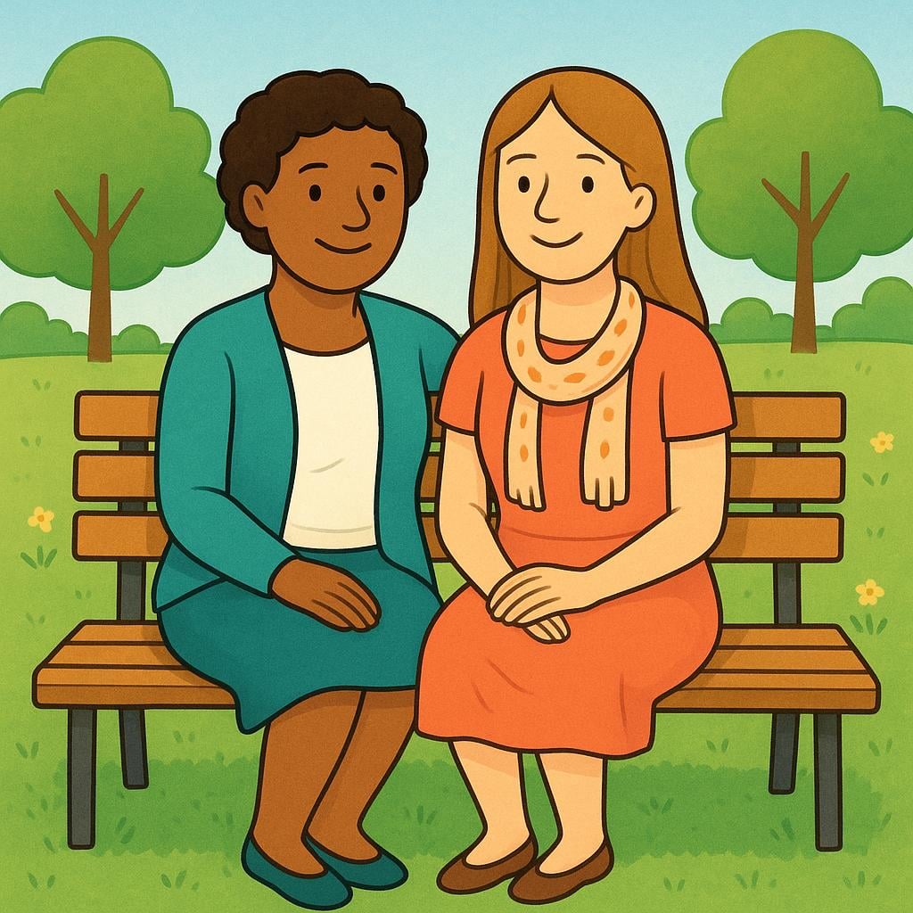 Two women sitting side-by-side on a wooden park bench, both smiling and looking comfortable, illustrating general companionship.