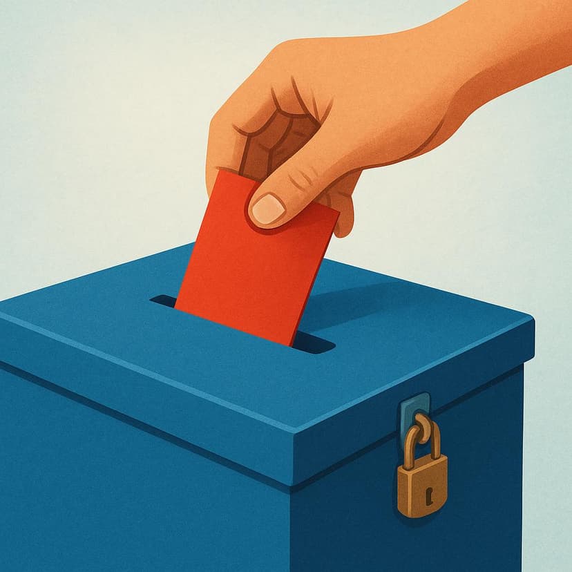 A close-up view of a person's hand casting a red ballot into a blue election ballot box.
