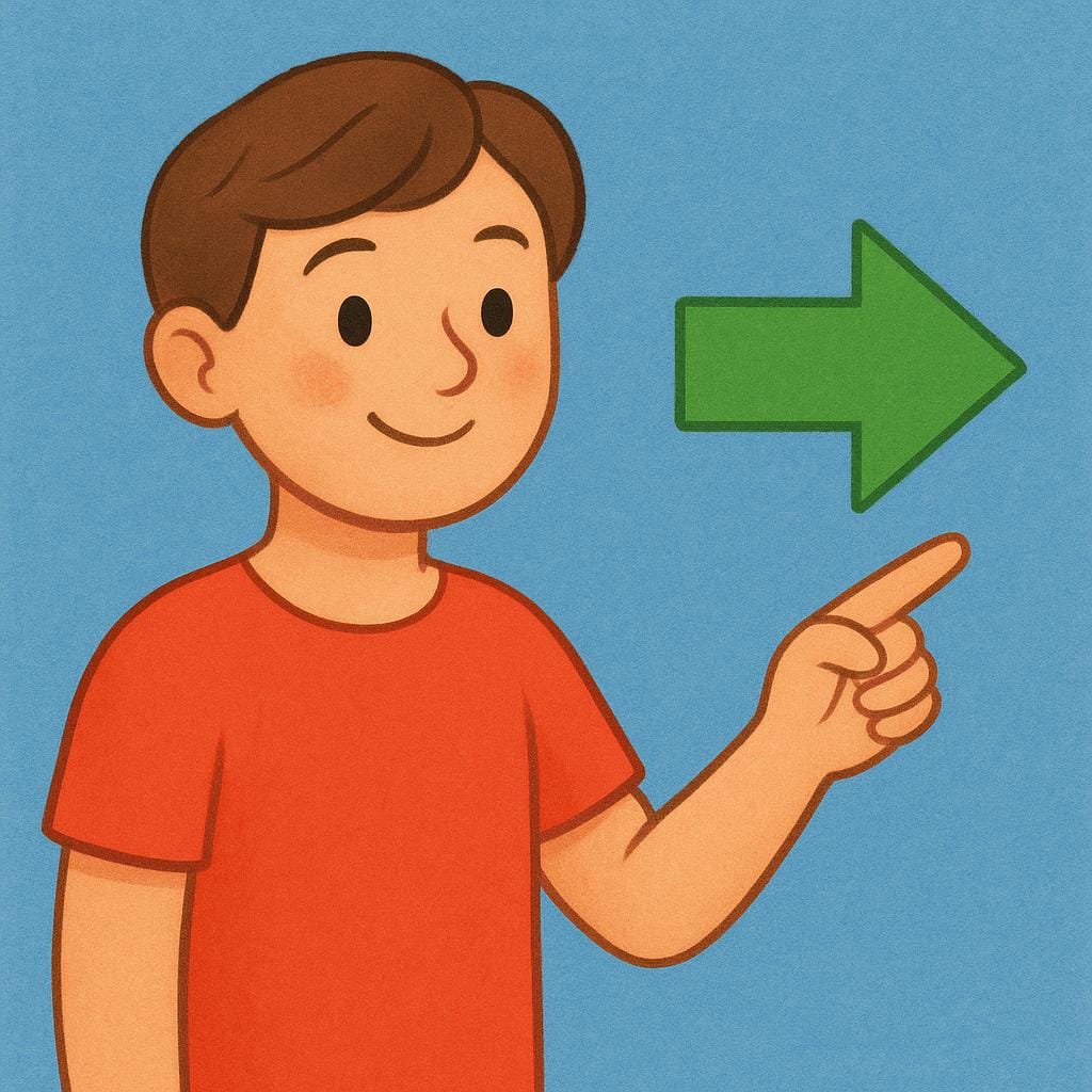 A stylized illustration of a friendly person wearing a red shirt, standing against a simple background. They are clearly extending their arm and index finger, pointing directly at a large, visible green directional arrow.