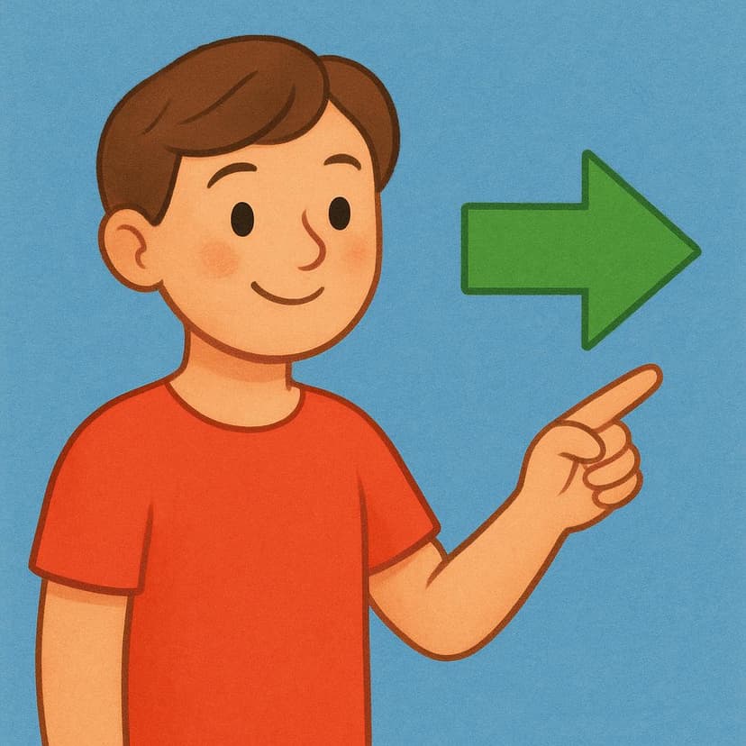 A stylized illustration of a friendly person wearing a red shirt, standing against a simple background. They are clearly extending their arm and index finger, pointing directly at a large, visible green directional arrow.