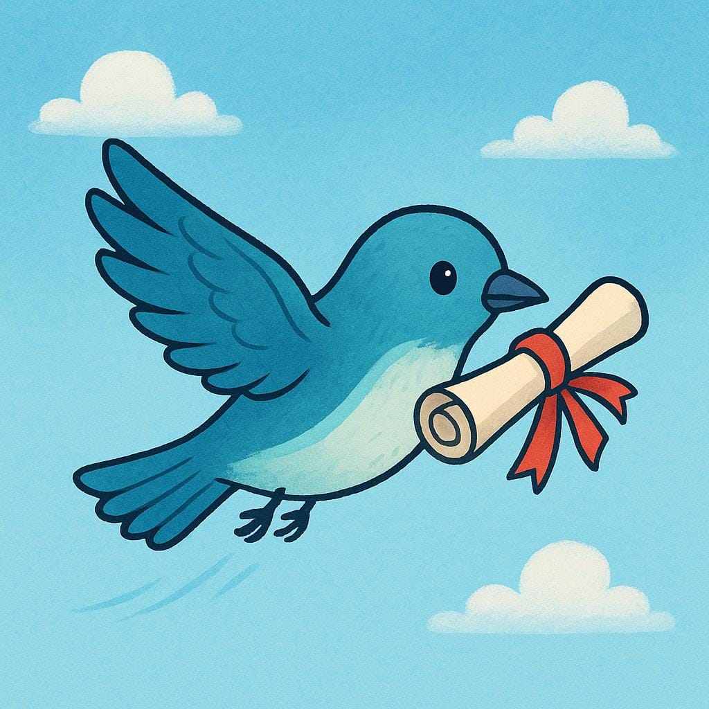 A colorful illustration of a messenger bird flying across a blue sky, carrying a small, rolled-up scroll tied with ribbon in its beak.
