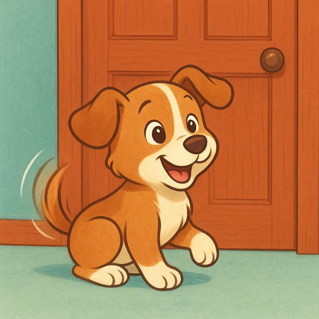 A puppy sitting excitedly by a closed red door, leaning forward with its tail wagging vigorously, clearly eager to go outside.