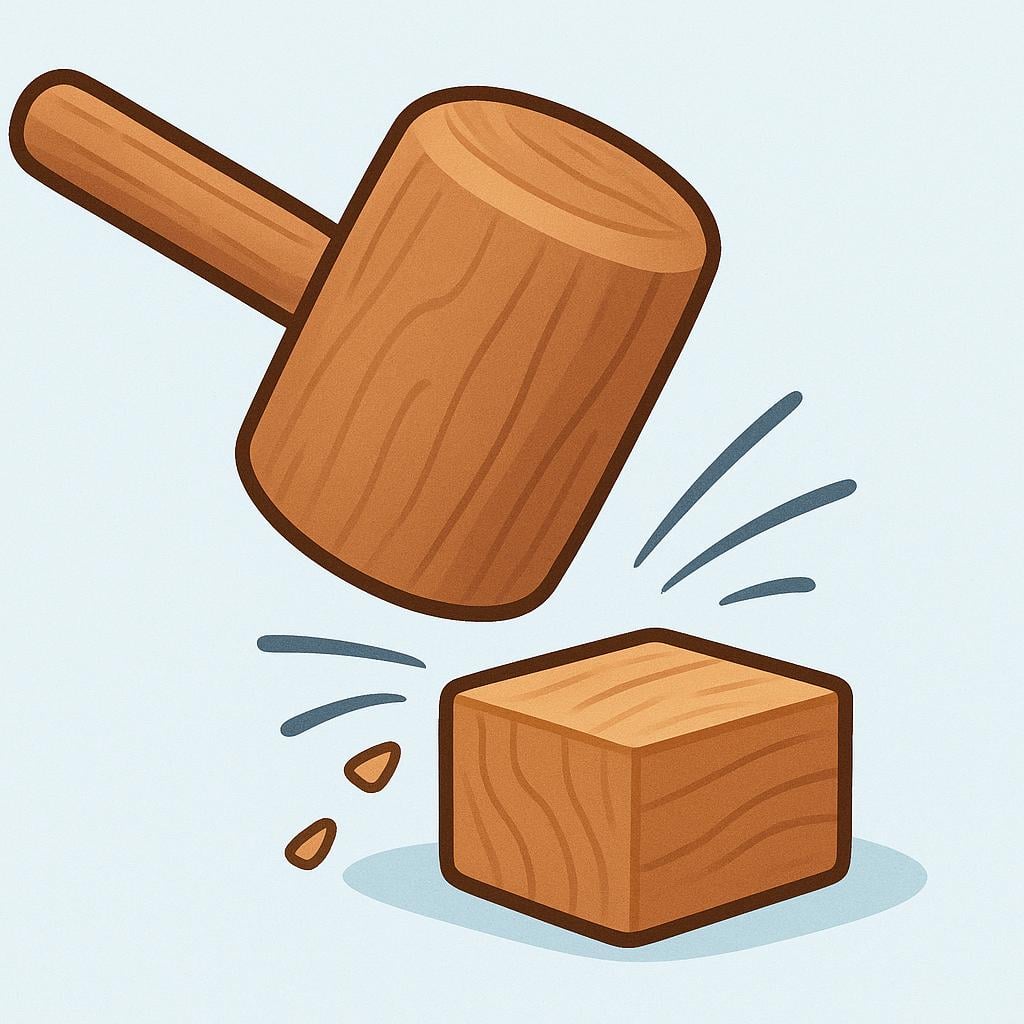 A simple illustration showing a wooden mallet striking a wooden block, with white visual lines radiating outward indicating the force of the impact.