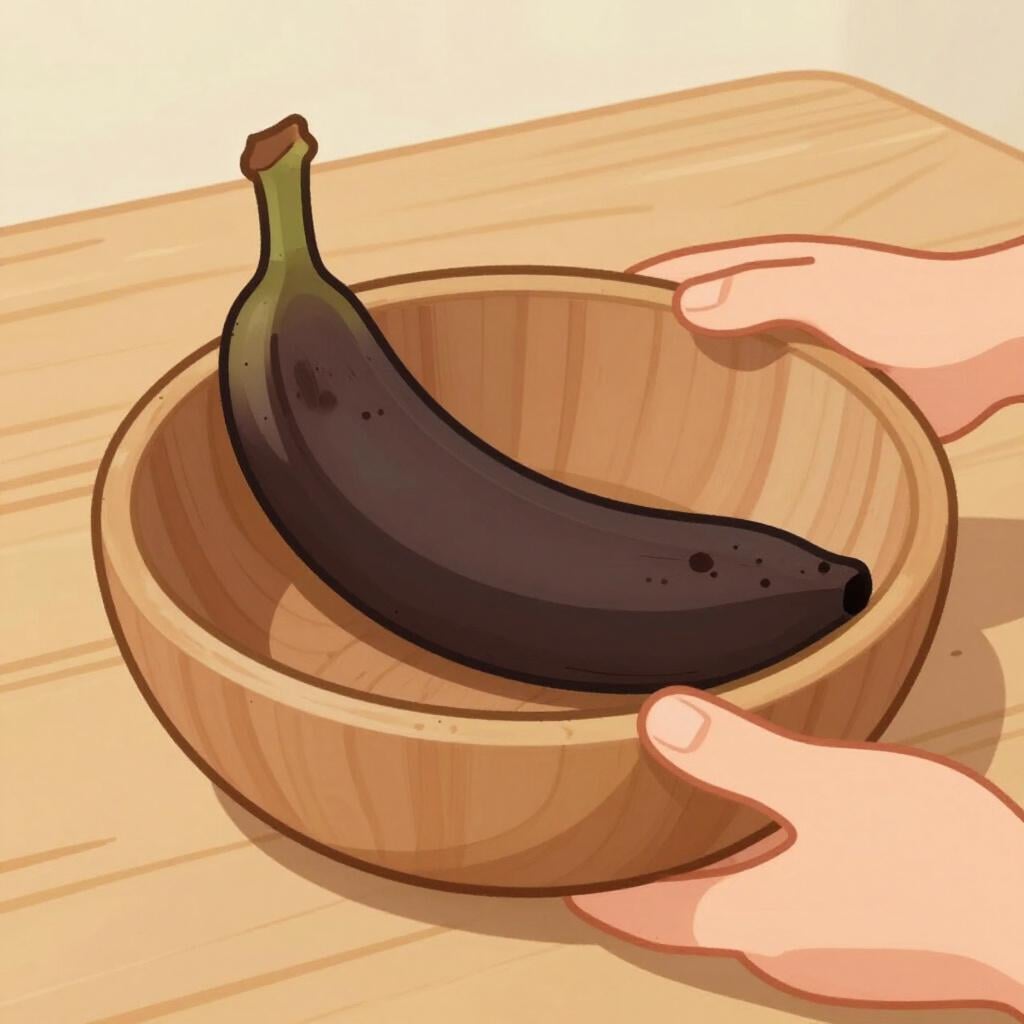 A person pushing away a plate containing a single bruised, brown banana.
