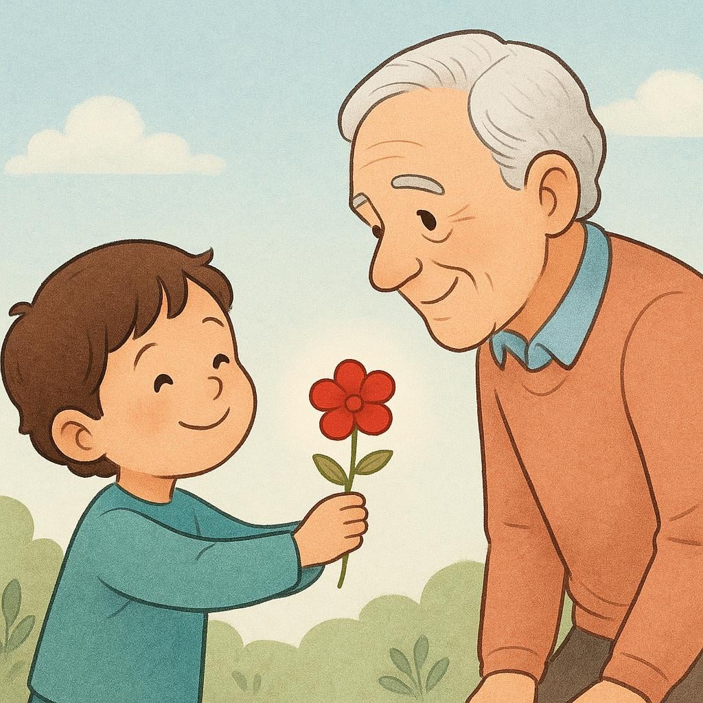 A smiling small child offering a bright red flower to an older adult, illustrating kindness.