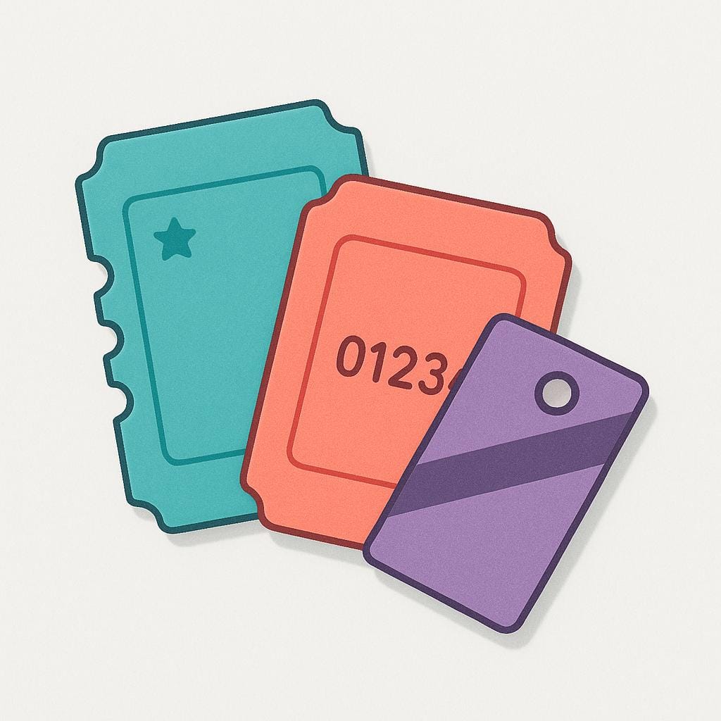 A simple illustration showing three distinct, colorful paper tickets overlapping slightly, representing entry or passage.