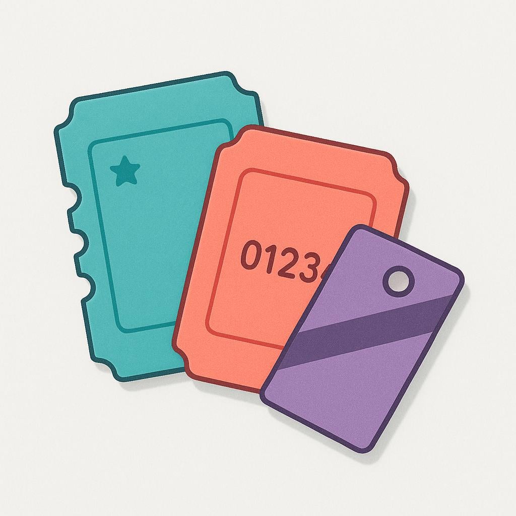 A simple illustration showing three distinct, colorful paper tickets overlapping slightly, representing entry or passage.