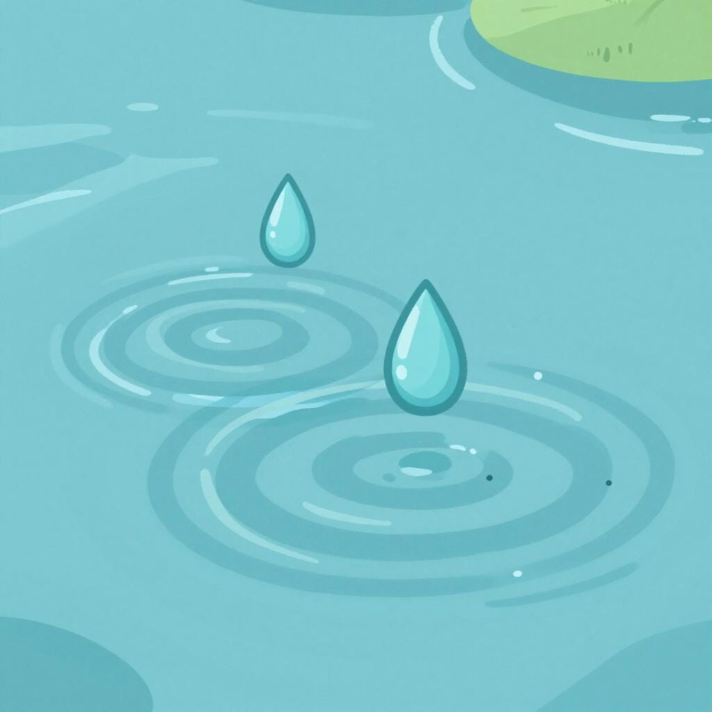 Two raindrops hitting a calm puddle at the exact same moment, creating overlapping ripples.