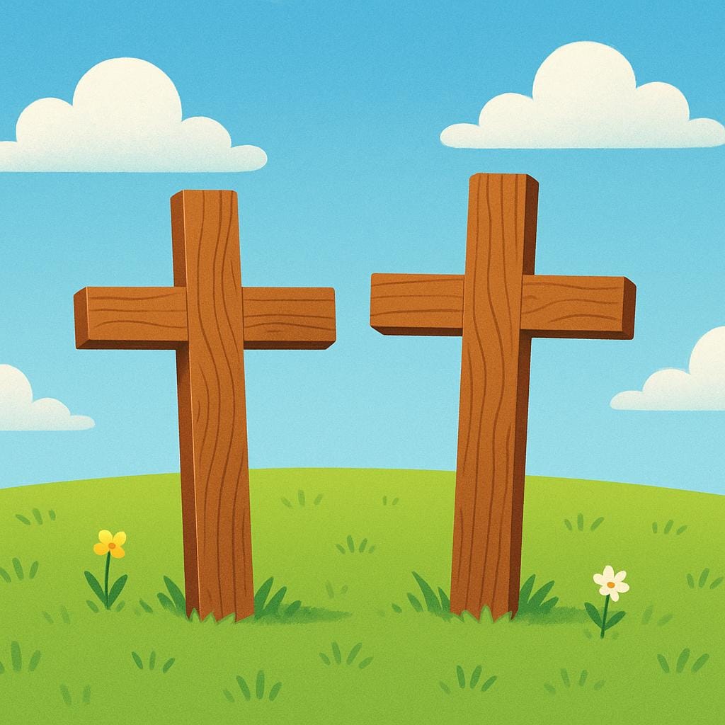 Une illustration de livre d'histoires de haute qualité montrant deux simples croix en bois se tenant côte à côte dans un champ vert sous un ciel bleu clair, symbolisant des victimes masculines plurielles assassinées.