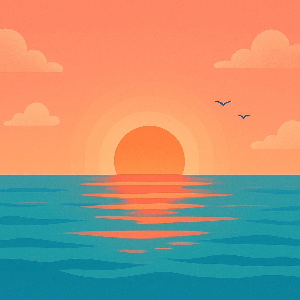 A stylized sunrise over a calm ocean horizon, with warm orange and pink colors dominating the sky, representing the cardinal direction East.