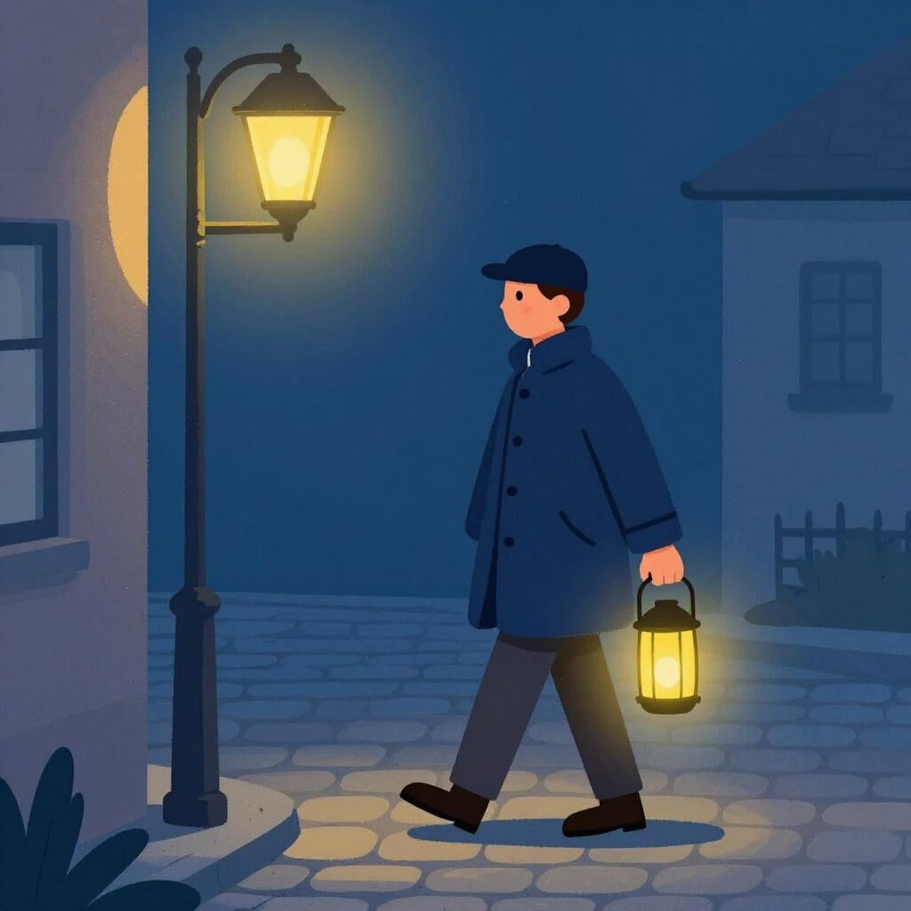 A man in a traditional uniform holding a lantern and walking down a cobblestone street at night.