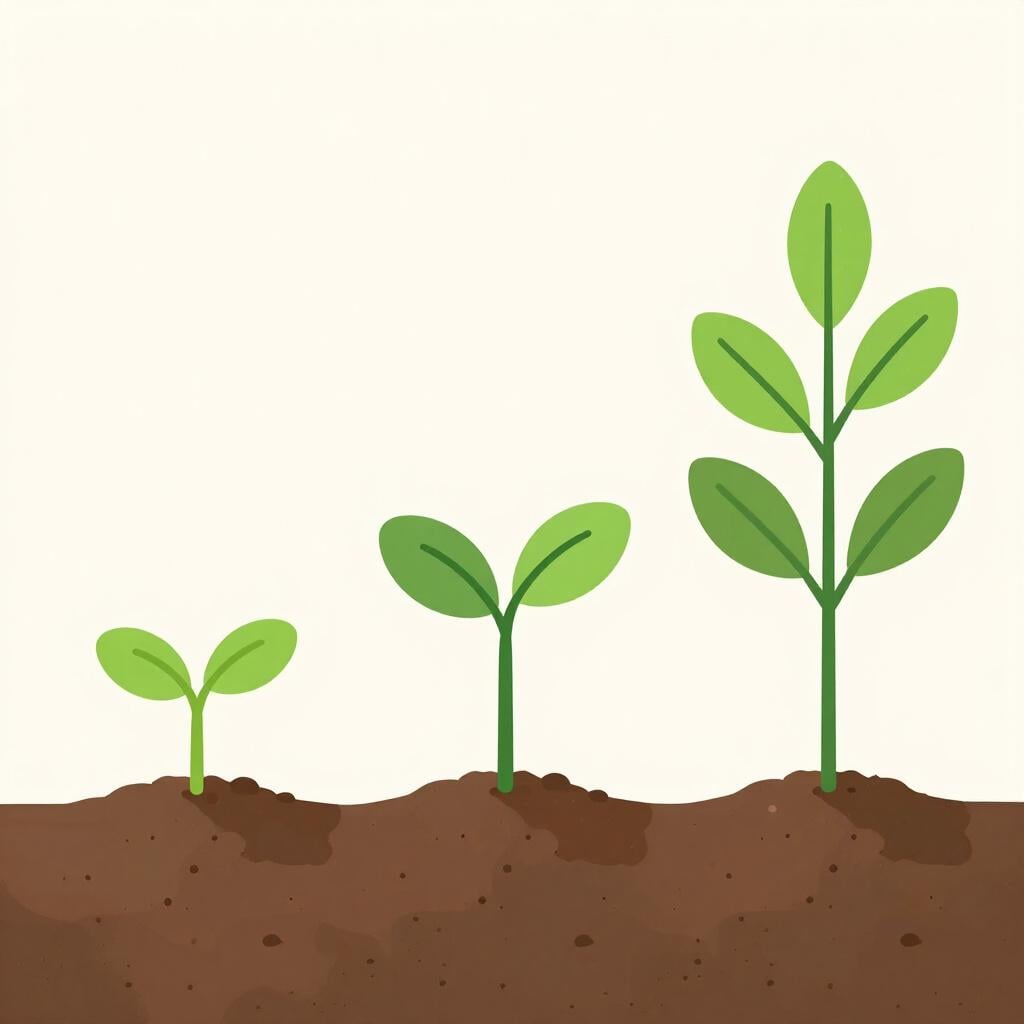 明るい緑色の葉を持つ背の高い植物に成長する小さな苗。