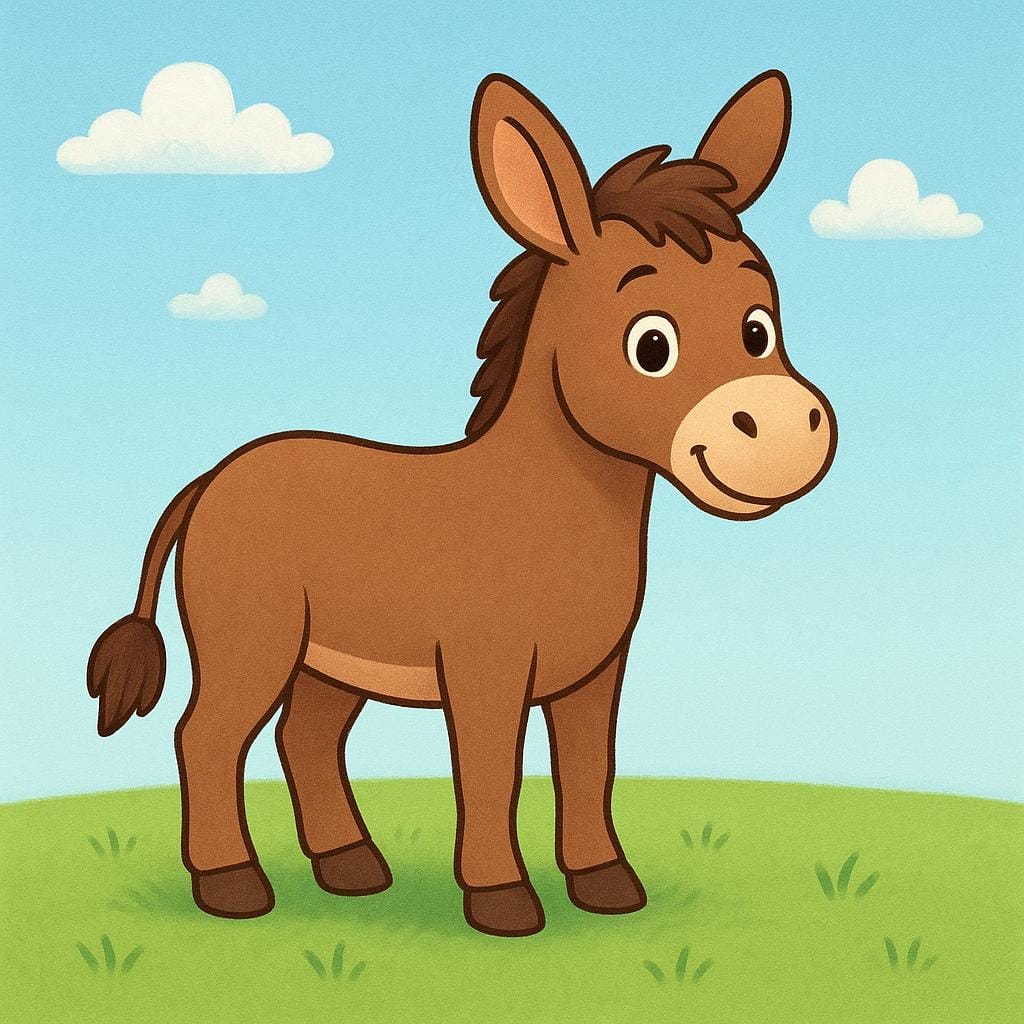 A full body illustration of a friendly brown donkey standing upright on green grass.