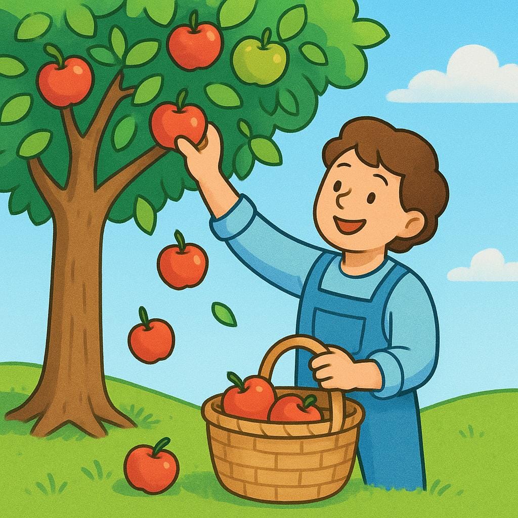 A smiling person carefully collecting ripe apples from a heavily laden apple tree and placing them into a large woven basket, representing resource utilization.