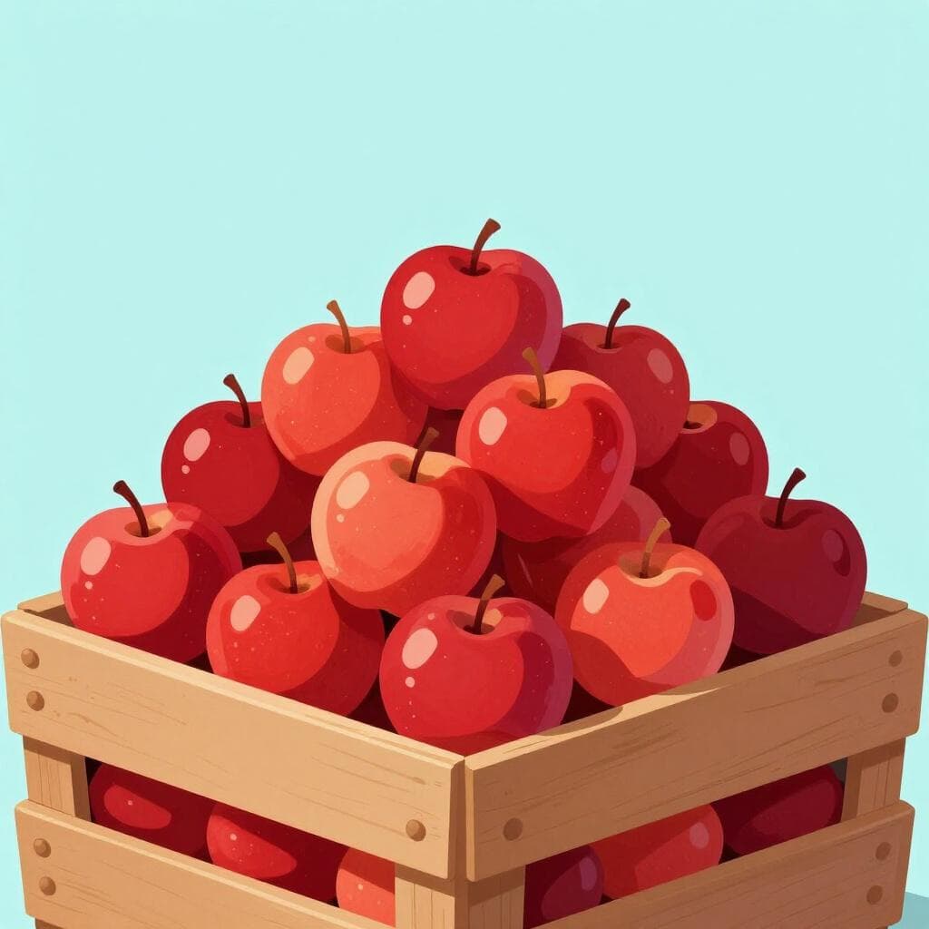 A large pile of seventy bright red apples gathered in a wooden crate.