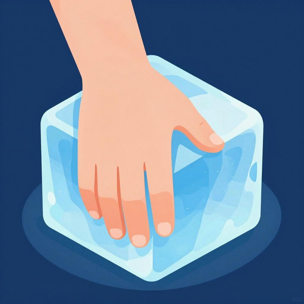 Een hand die een blok ijs aanraakt met een zachte gloed om het gebrek aan gevoel aan te tonen.