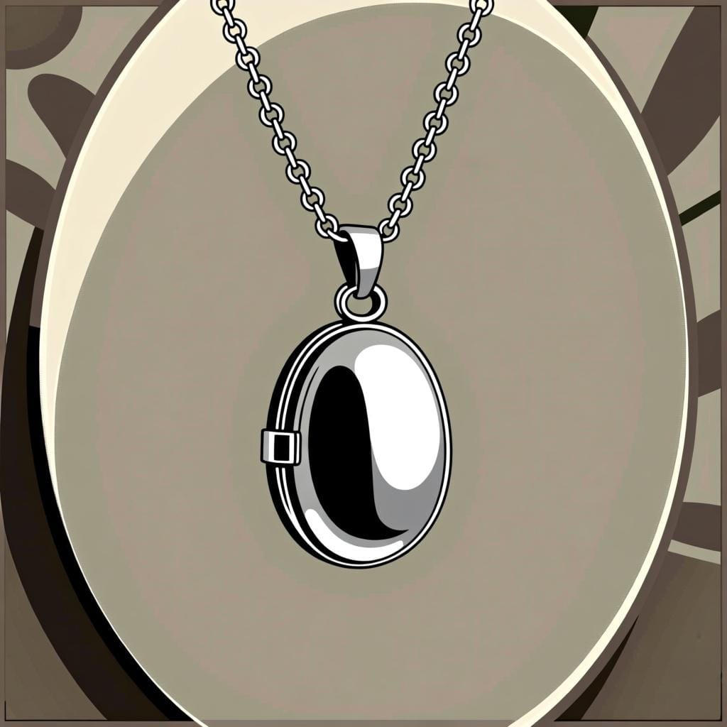 A close-up of a silver locket hanging from a chain against a plain background.