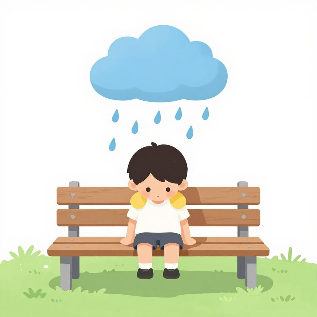 A small person sitting on a bench under a single rain cloud, looking very sad.