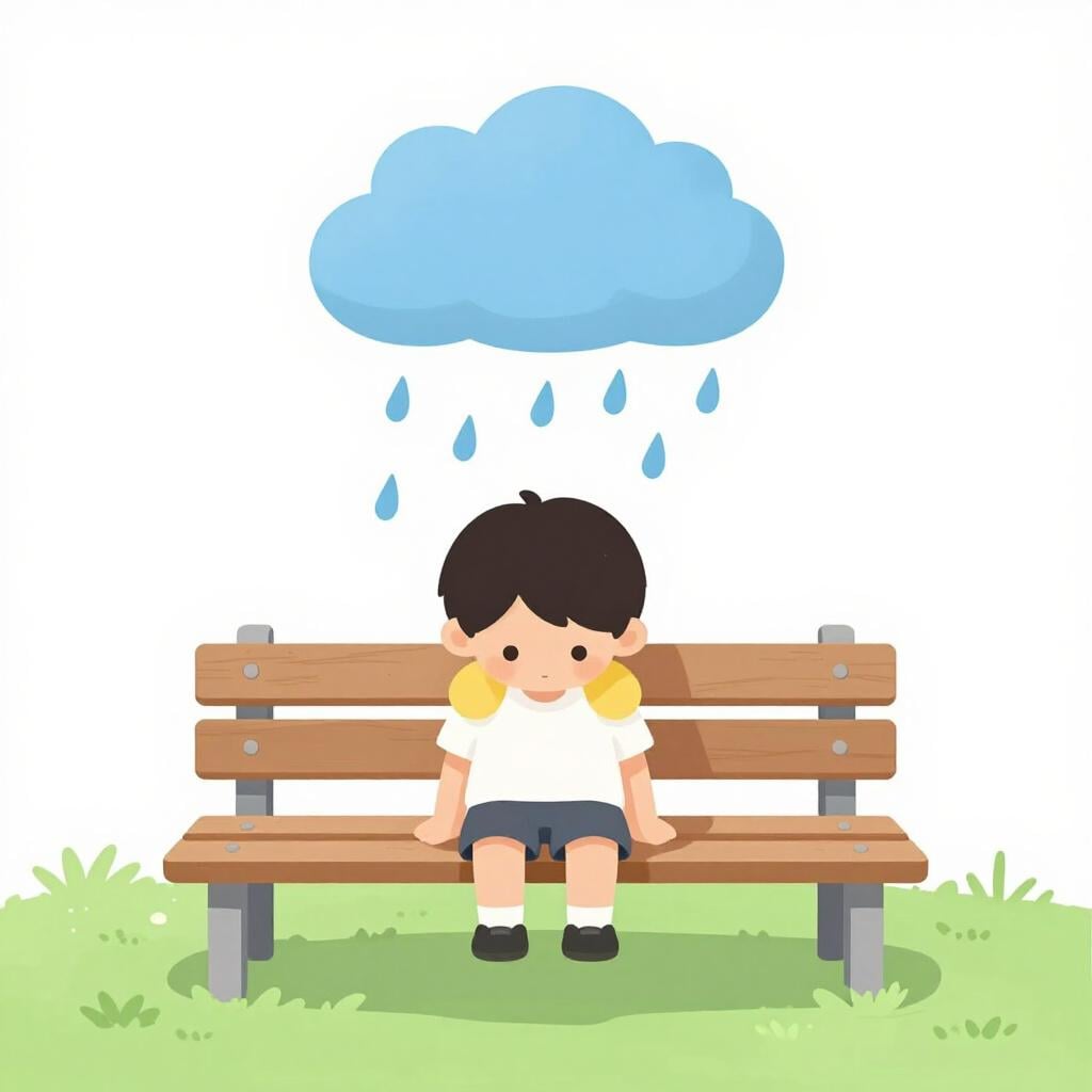 A small person sitting on a bench under a single rain cloud, looking very sad.