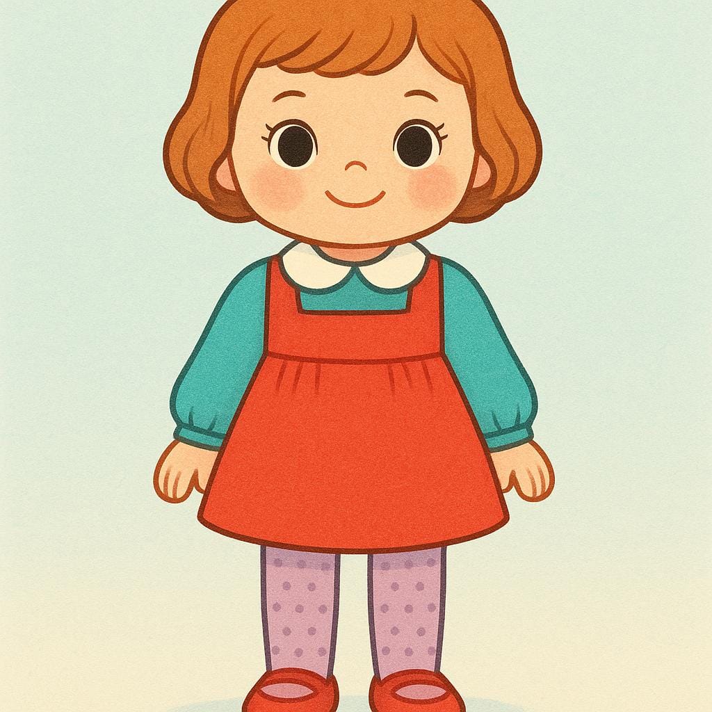 Une poupée jouet simple et souriante portant une robe colorée, debout.