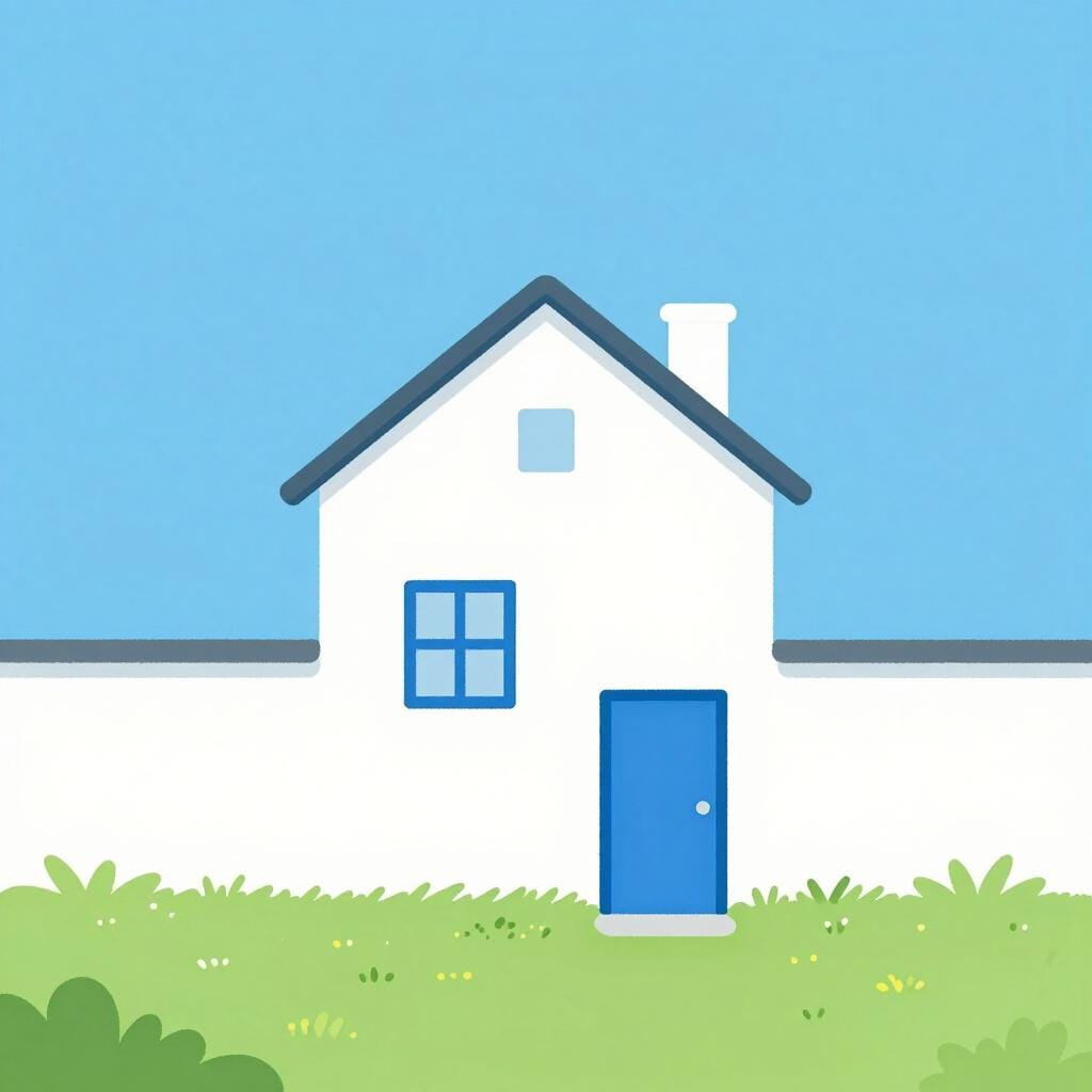 A simple house with a brightly colored door on its side wall.