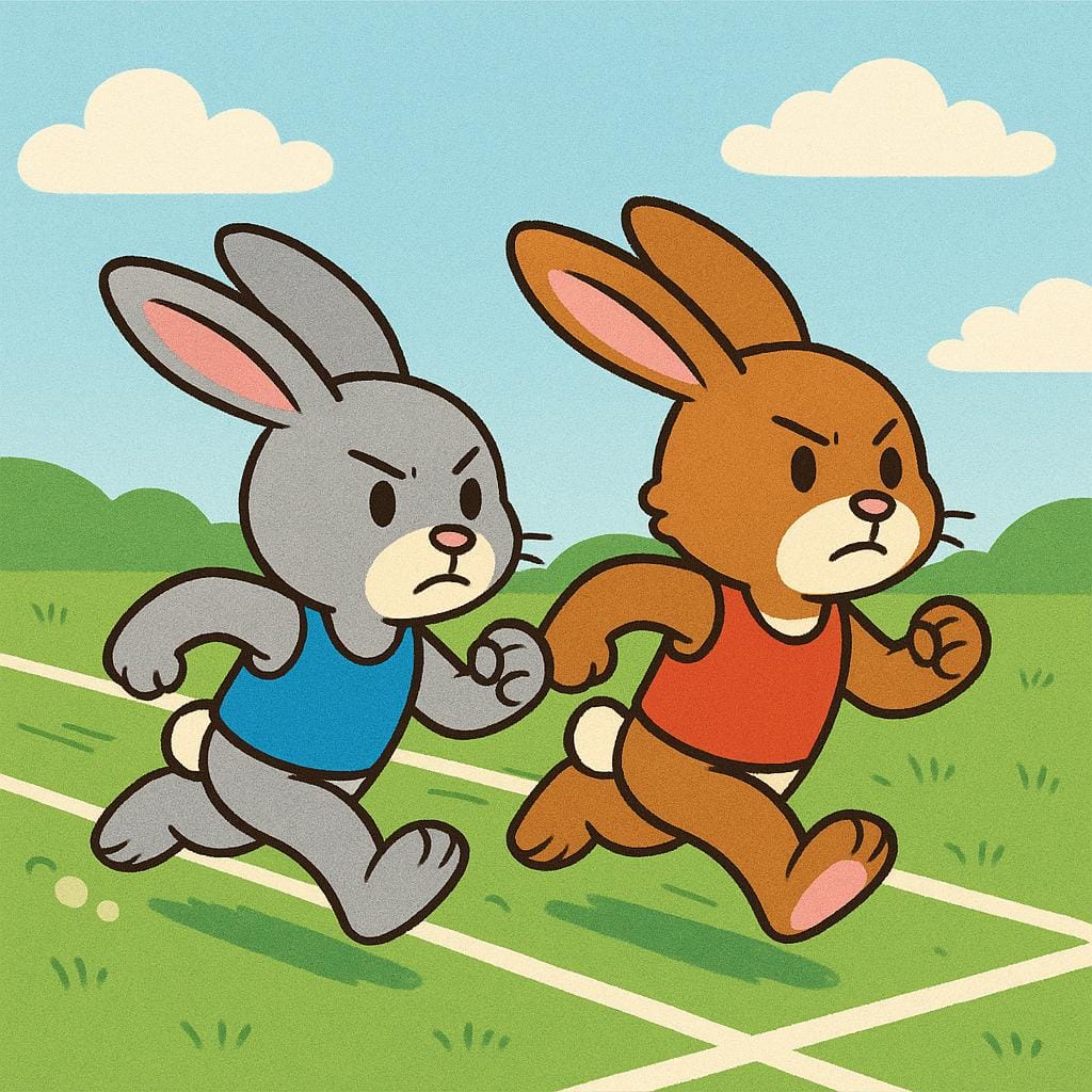Two stylized rabbits running neck-and-neck in a close race across a green field, illustrating competition.