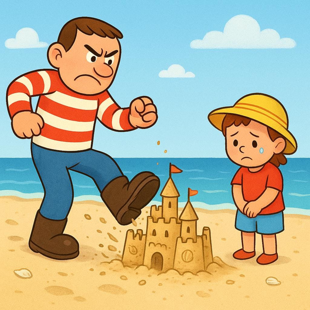 A colorful storybook illustration showing a grumpy adult character deliberately kicking over a child's sandcastle on a beach. A small child looks distressed.