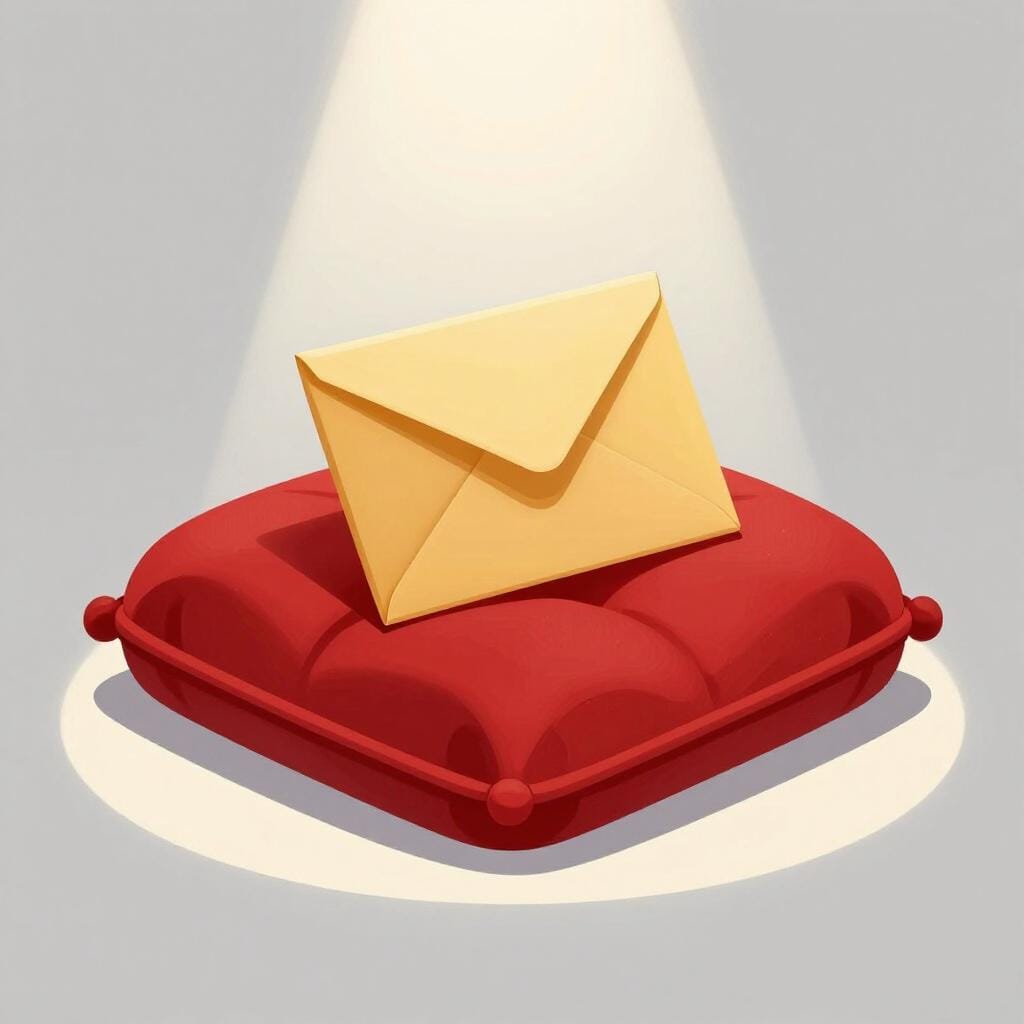 A shiny gold envelope open on a velvet cushion with a spotlight shining on it.