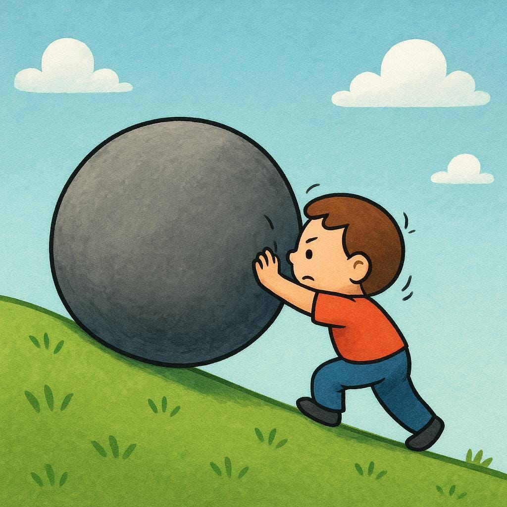 A small, determined cartoon person straining intensely while pushing a massive gray boulder up a slight green hill, illustrating hard work.