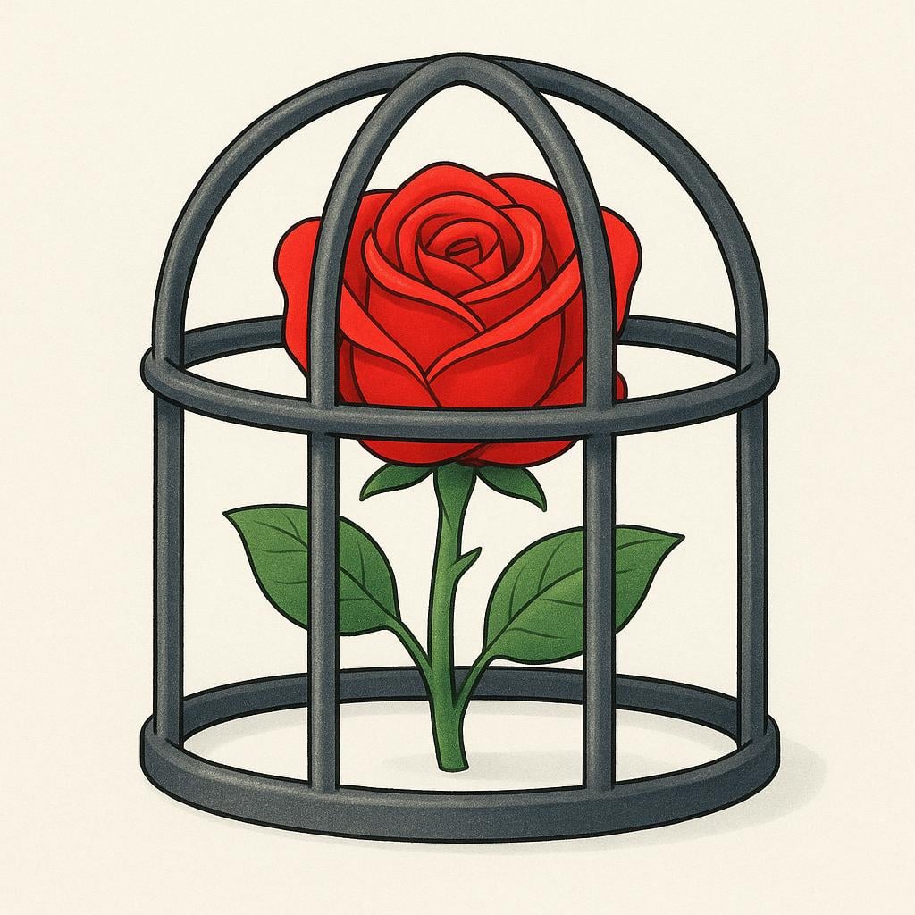 A single bright red rose bloom completely surrounded and enclosed by thick, restrictive iron bars.